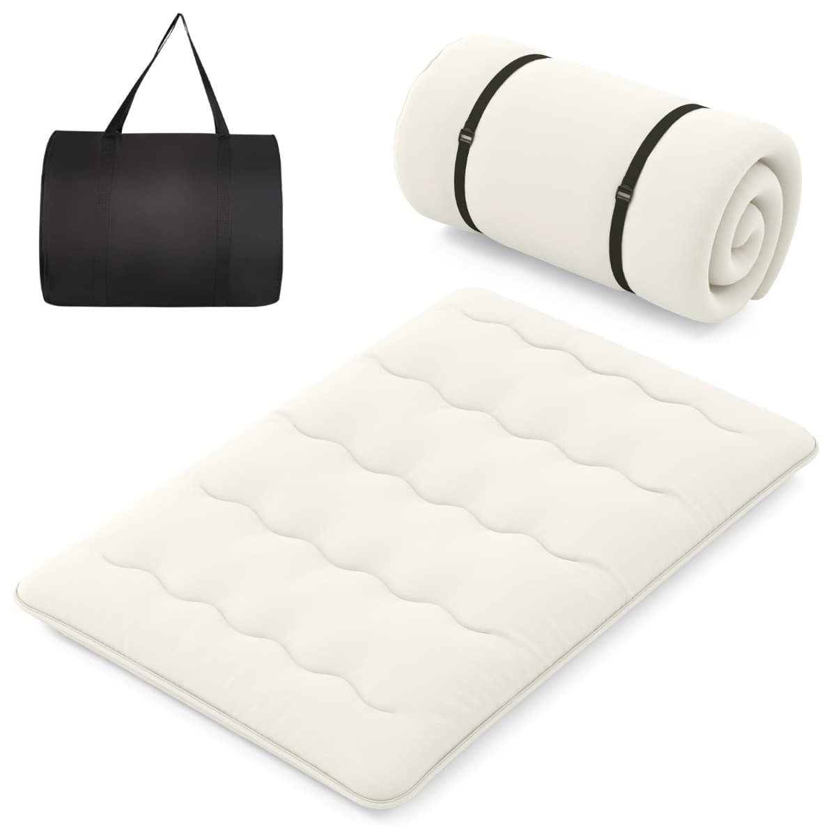 CostwayMatelas Roulé Au Sol avec Housse Lavable Matelas de Couchage Portable et Pliable avec Sac de Transport Double Beige