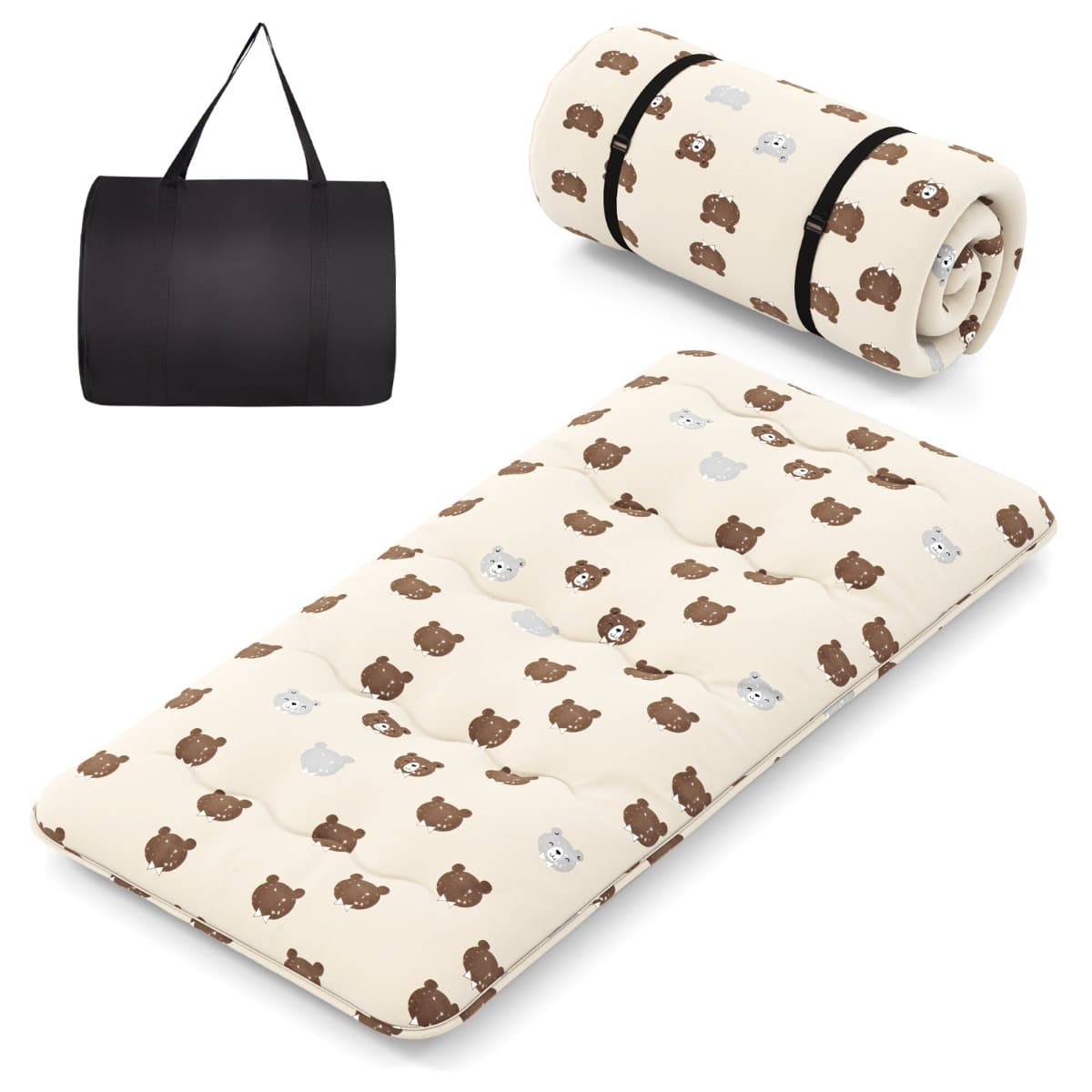 CostwayMatelas Roulé Au Sol avec Housse Lavable Matelas de Couchage Portable et Pliable avec Sac de Transport Twin Brun