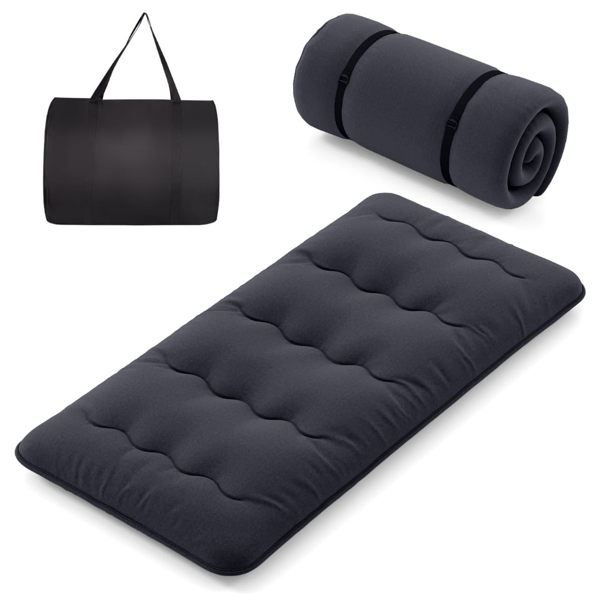 CostwayMatelas Roulé Au Sol avec Housse Lavable Matelas de Couchage Portable et Pliable avec Sac de Transport Twin Noir