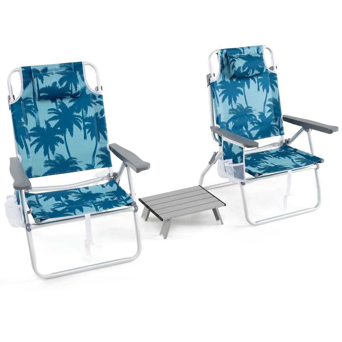CostwayEnsemble de Chaises de Plage et Table Pliables Chaises de Jardin 5 Positions avec Table d'Appoint Cadre en Aluminium Léger Bleu