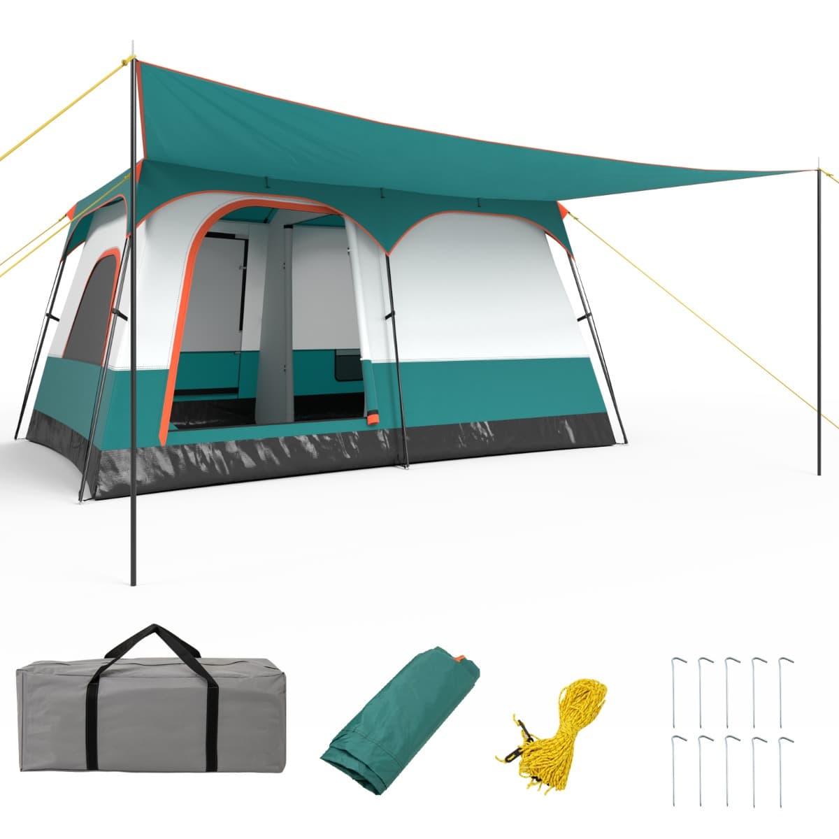 CostwayTente de Camping pour 6 Personnes avec Auvent Grande Tente Familiale avec 2 Chambres 2 Portes 2 Fenêtres en Maille Vert
