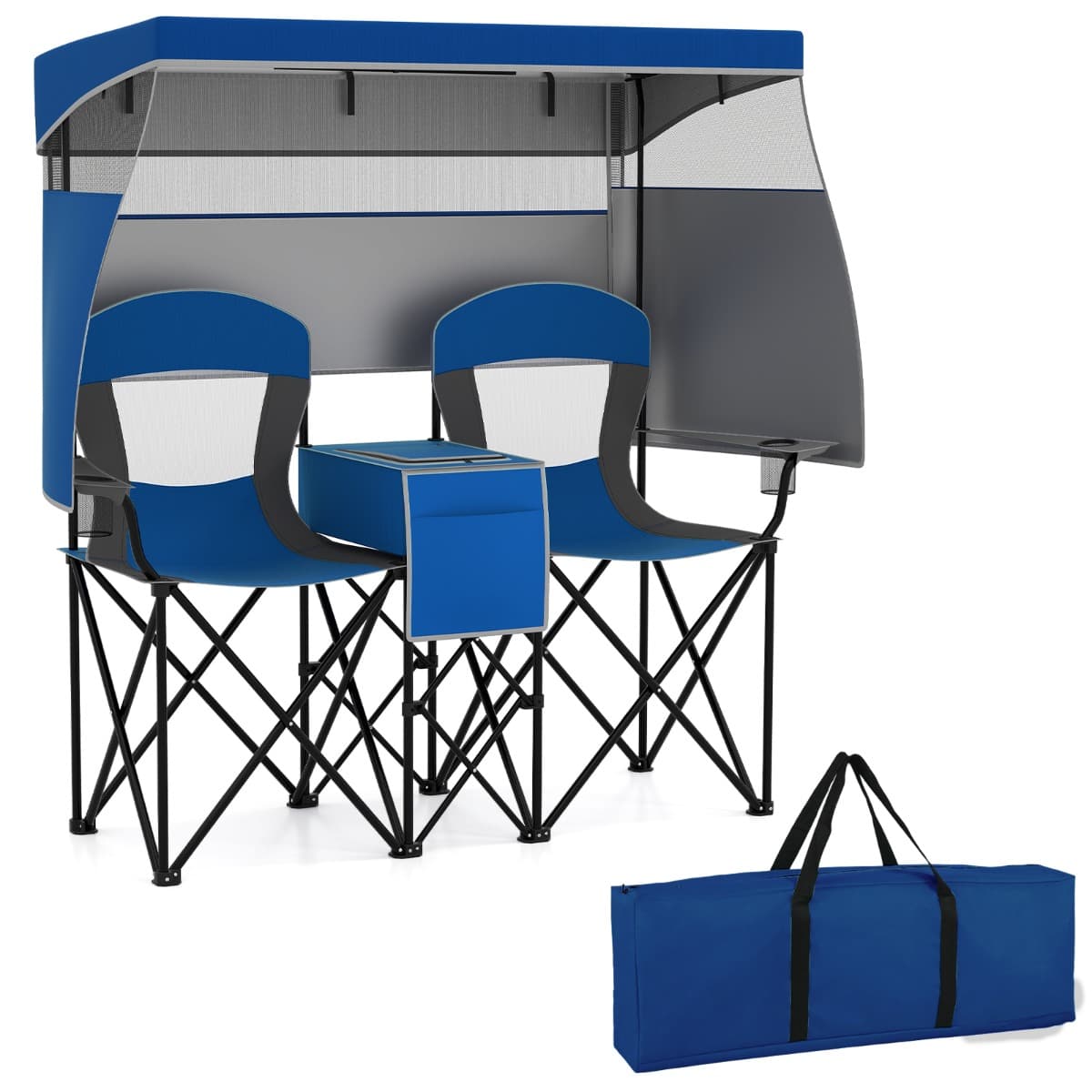CostwayDouble Chaise de Plage avec Baldaquin Réglable Rideaux d'Ombrage 3 Côtés Sac Isotherme Porte-gobelets Sac de Transport Pliante Marine