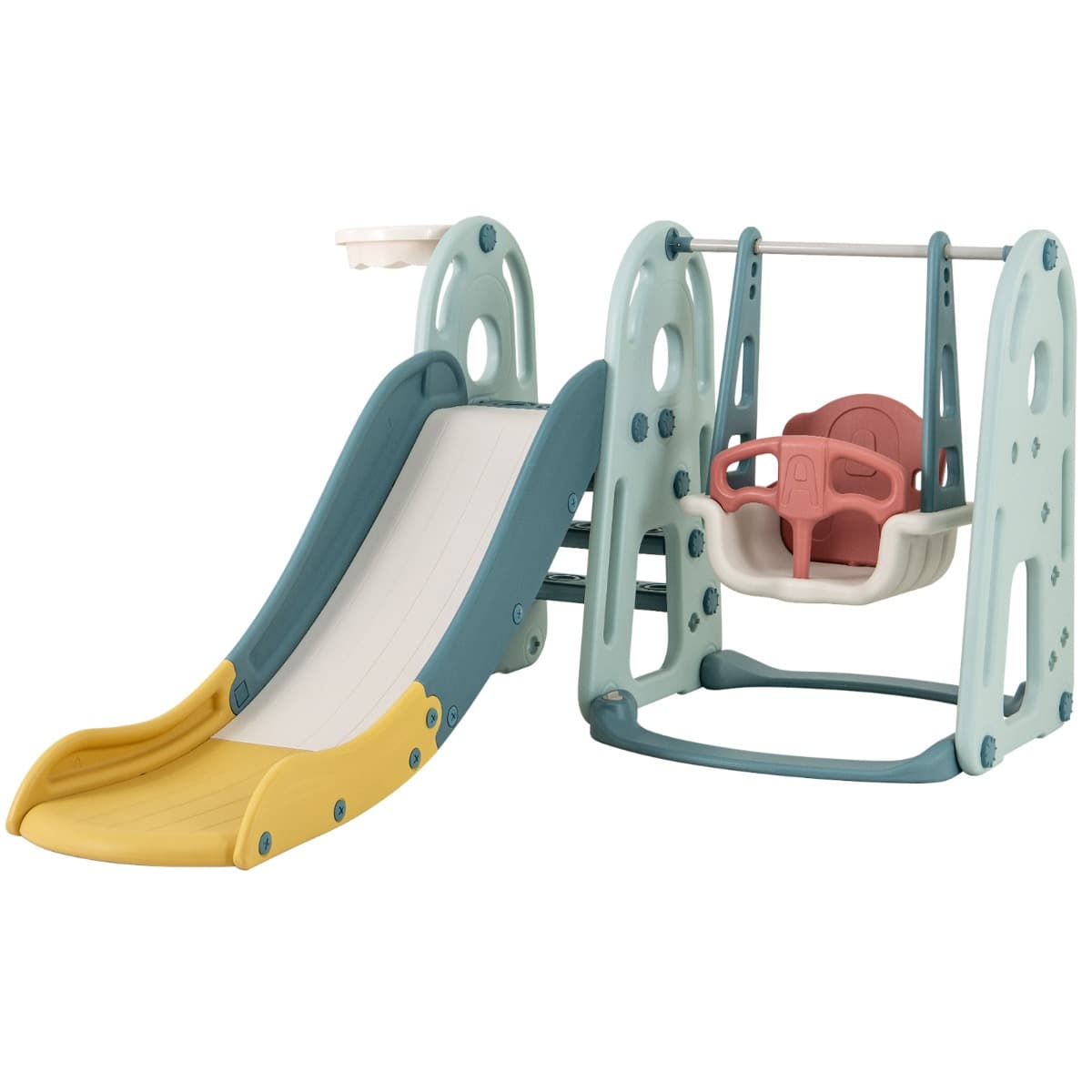 CostwayEnsemble de Balançoire et de Toboggan 4 en 1 pour Enfants de 18 Mois+ Balançoire Réglable en Hauteur avec Panier et Ballon de Basket Vert