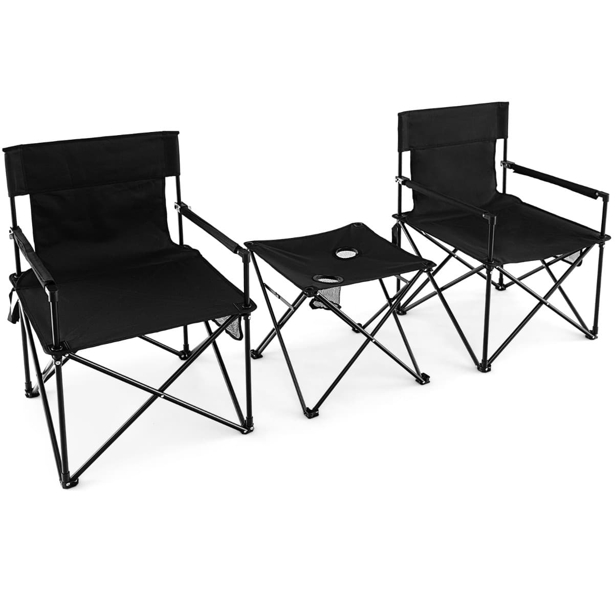 CostwayLot de 2 Chaises de Camping Pliante Charge180KG Table d'Appoint Porte-gobelets Poches de Rangement Pique-nique Pêche Noir