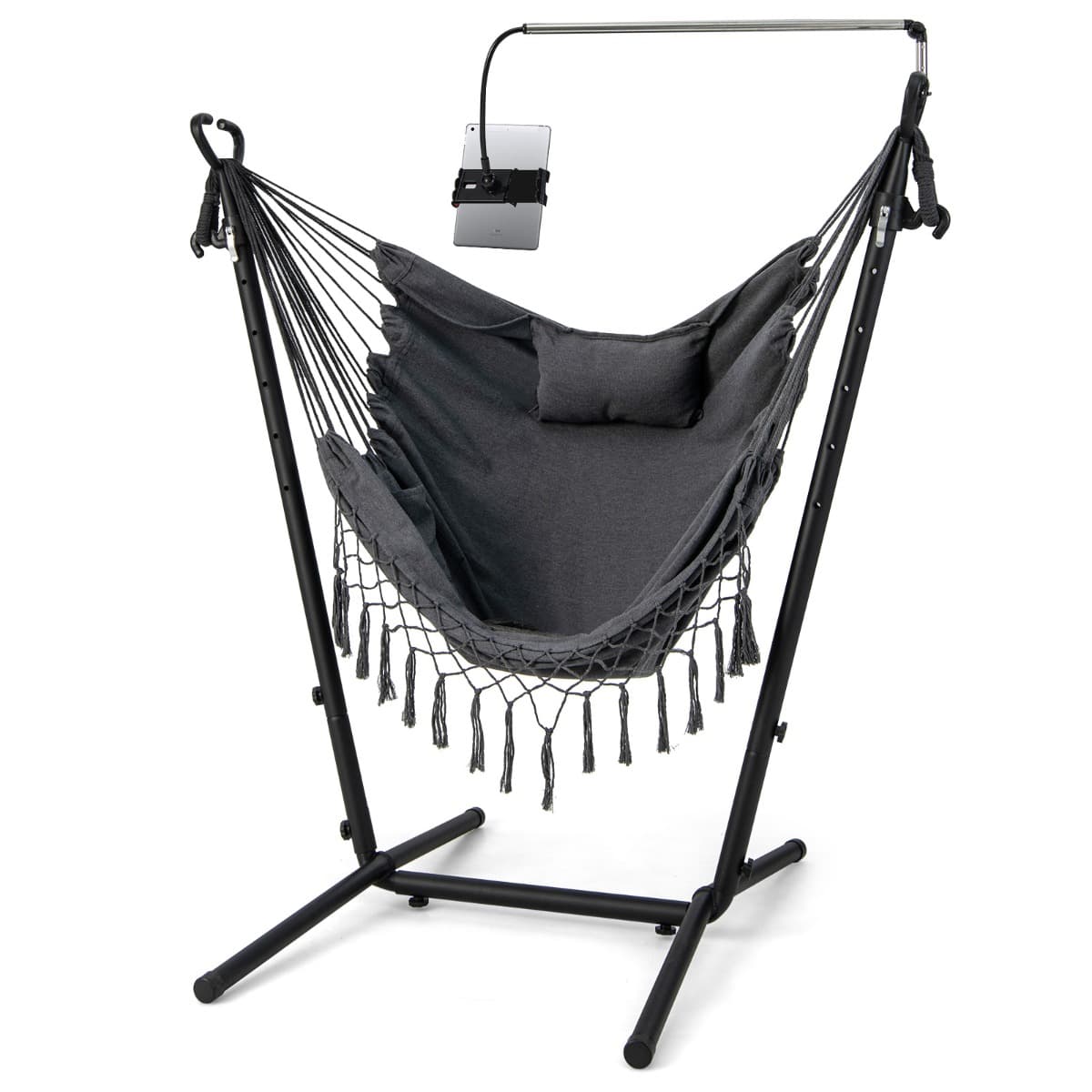 CostwayHamac sur Pied avec Support en Métal et Porte-Téléphone Charge 250KG Hamac de Jardin avec Oreiller et Poche Latérale Gris