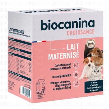 BIOCANINA Croissance - Lait maternisé boîte 400g + 1 biberon 80ml + 1 mesurette + 2 tétines chaton + 1 tétine chiot